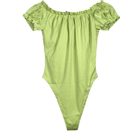 NEW Ruffled Off Shoulder Tie Key Hole Bodysuit Puff Sleeves Snap Crotch S Green - Picture 5 of 14
